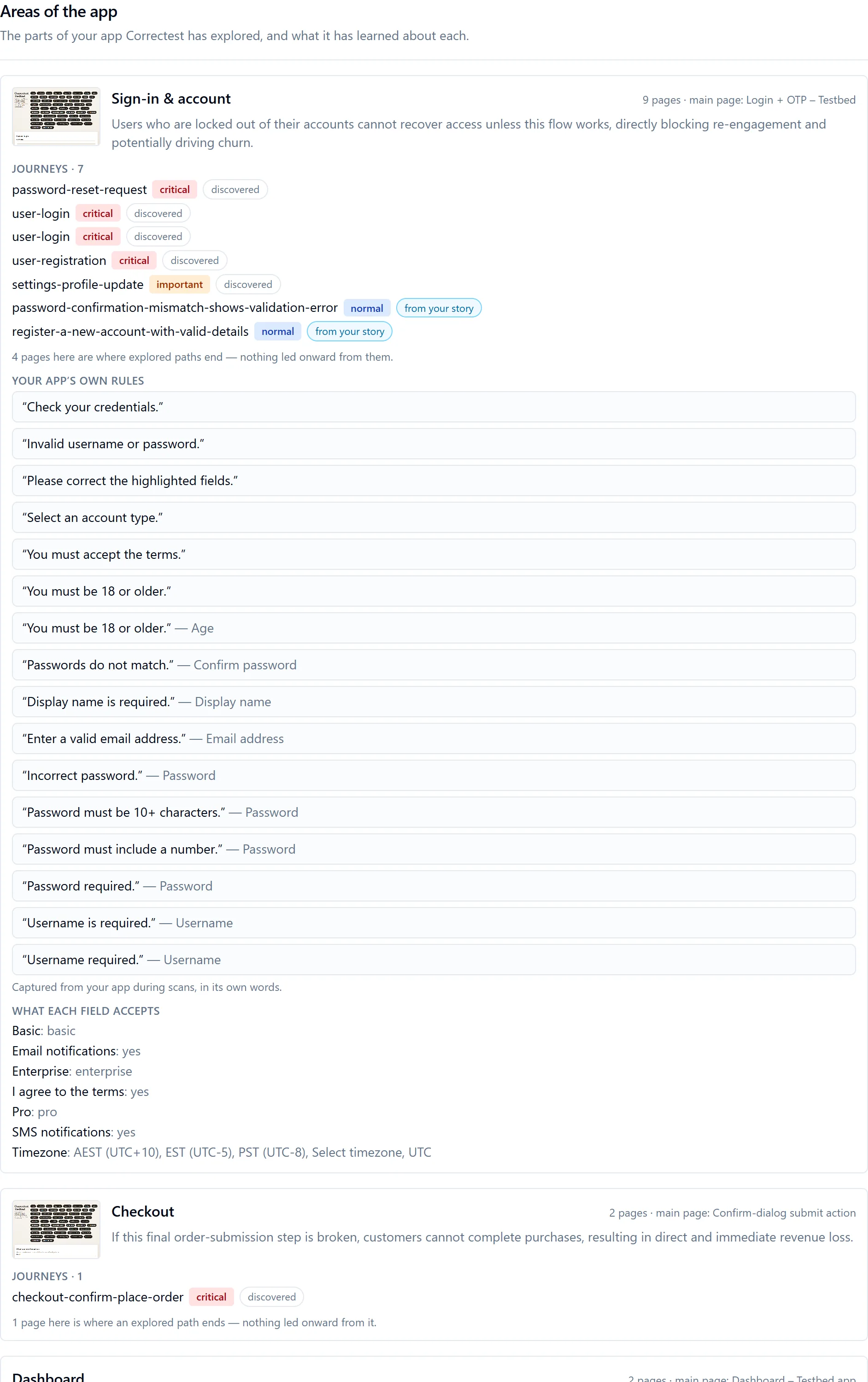Areas of the app: the application grouped into functional parts such as Sign-in and account, each card listing its pages, its journeys with criticality, the app's own validation rules captured verbatim, and what each fixed-option field accepts