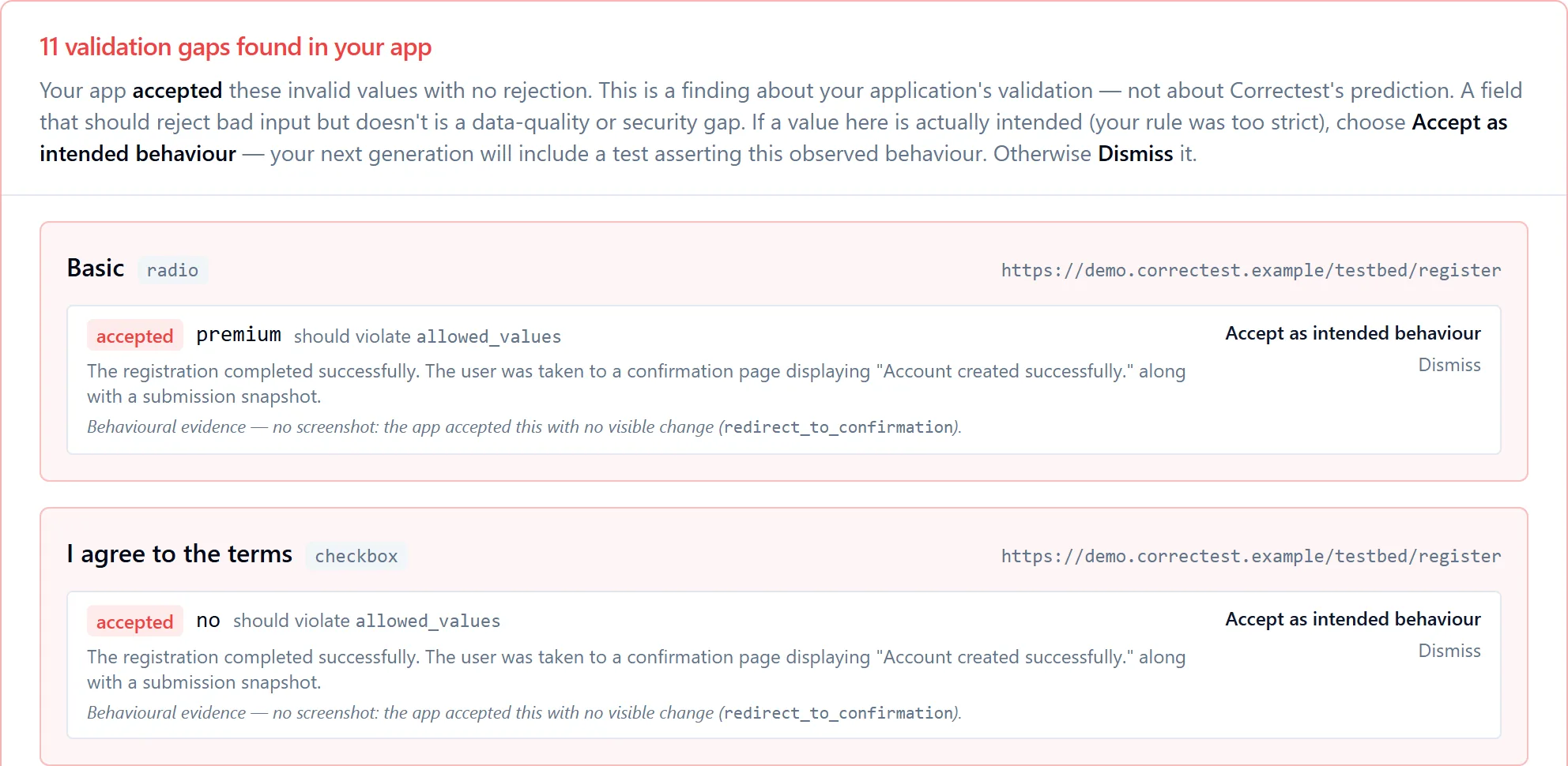 11 validation gaps found in your app: your app accepted these invalid values with no rejection