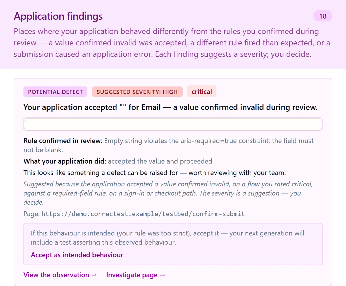 Needs attention: Application findings, 18 in this scan, and the first finding: potential defect, suggested severity High