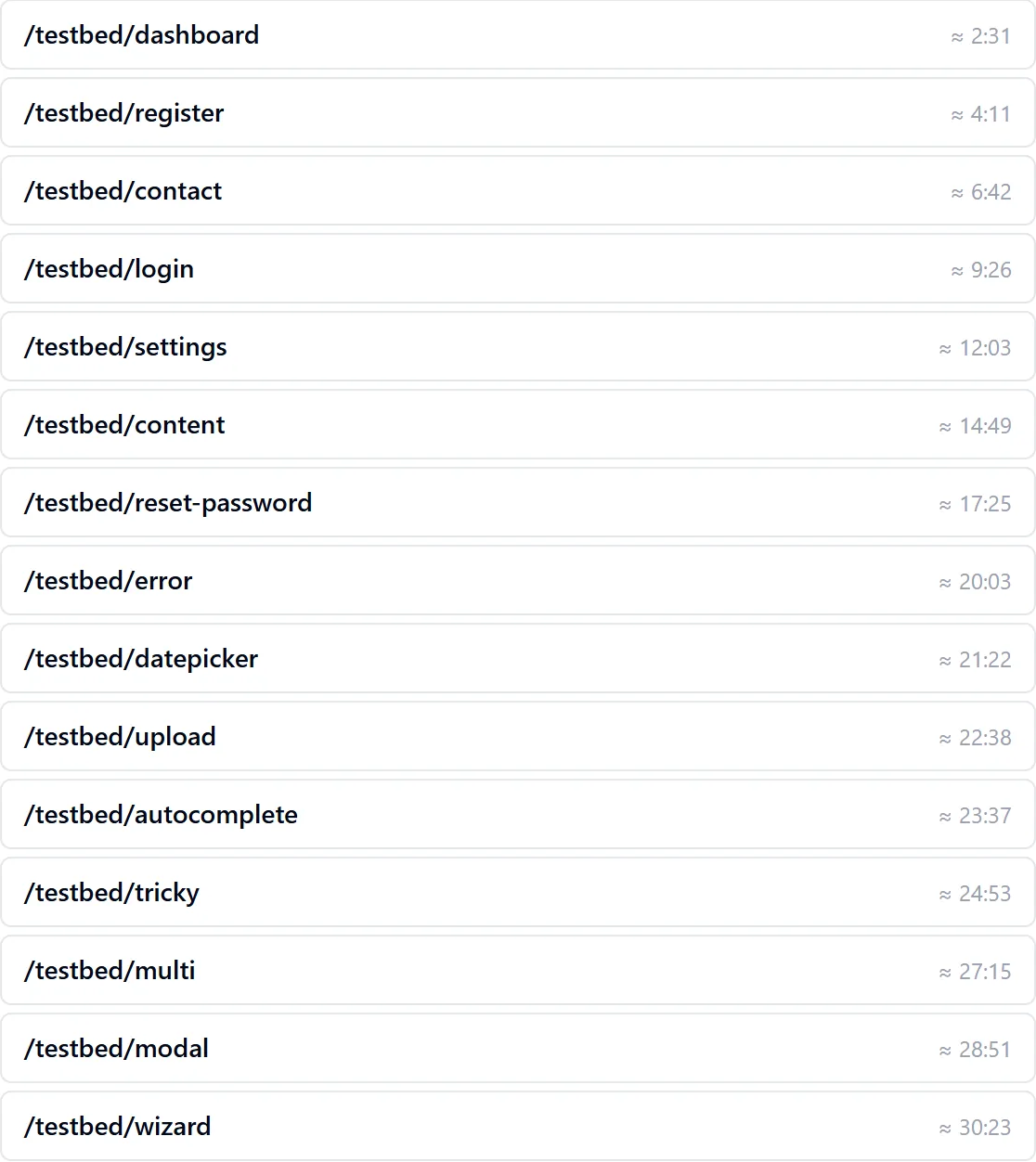 The chapter index: each page of the application listed with the time its clip starts, from the dashboard at 2:31 through register, contact, login, settings, content, reset password and on to the wizard at 30:23