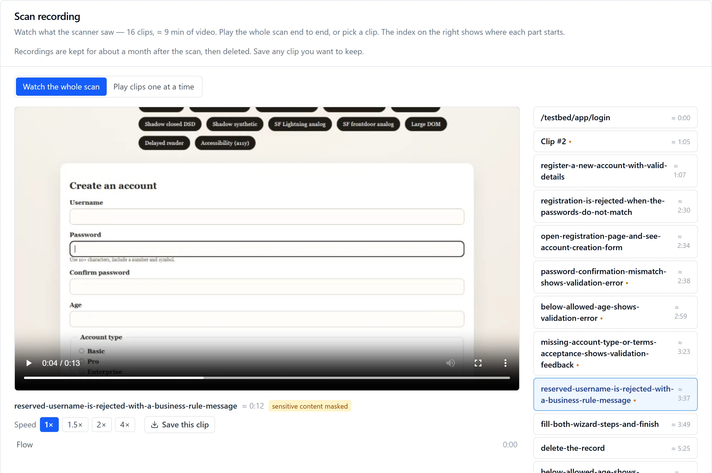 The Scan recording view: 16 clips and about 9 minutes of video, with a player showing the scanner part-way through a registration form, and a chapter index on the right listing each story flow with the time its clip starts. The playing clip is labelled sensitive content masked.