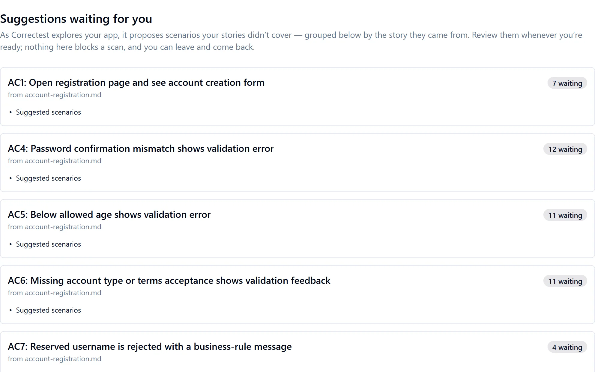 Suggestions waiting for you: a list of stories with look-around suggestions still awaiting a verdict, one row per acceptance criterion
