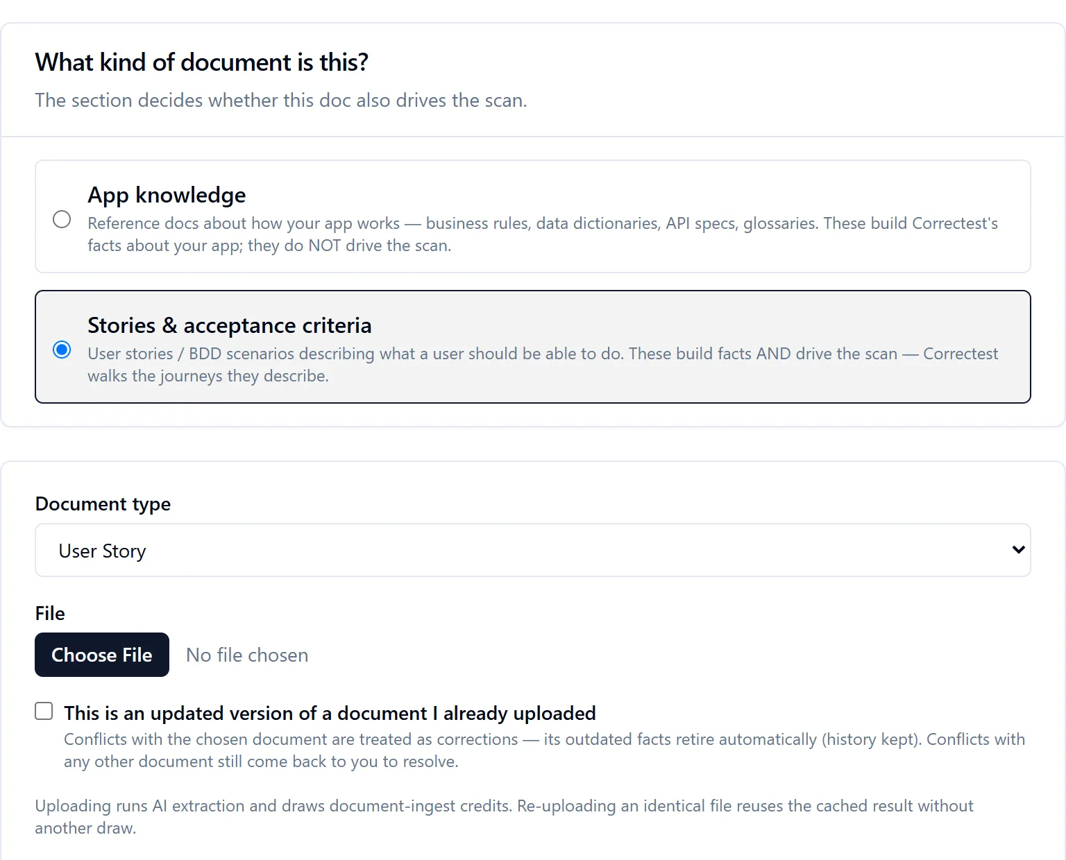 Upload a document: supported formats listed, then the two channels — App knowledge, reference docs that build facts but do not drive the scan, and Stories and acceptance criteria, which build facts and drive it